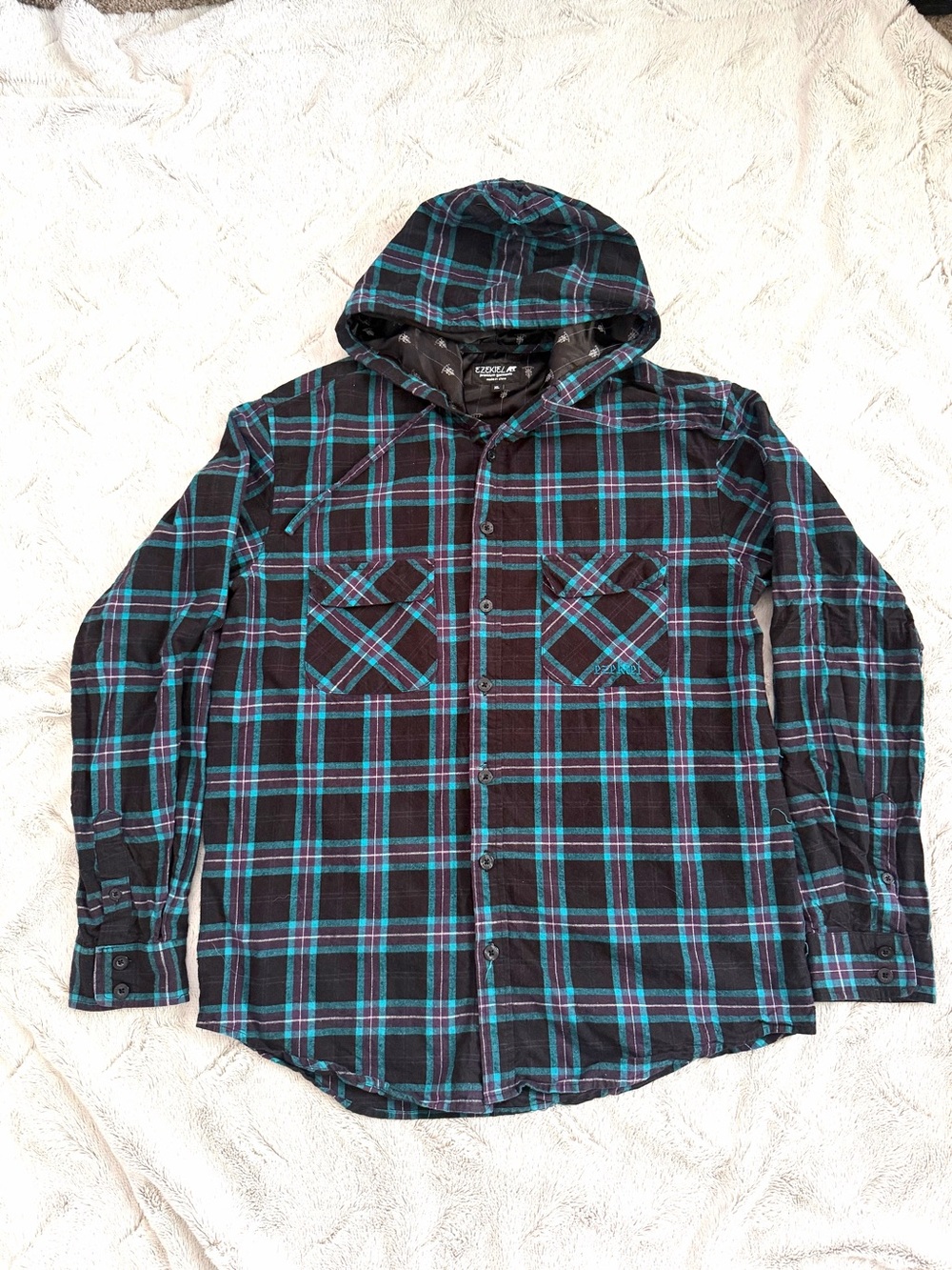 Ezekiel Hooded Flannel Shirt Mens XL Black Teal Plaid Long Sleeve Skate Grunge